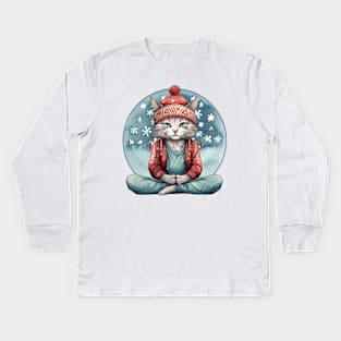 Yoga Meditation Christmas Cat Kids Long Sleeve T-Shirt